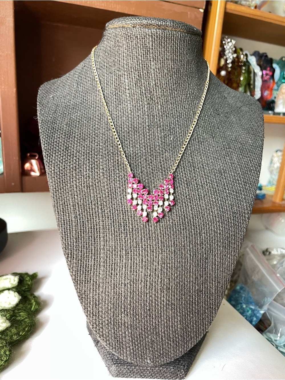 Gold-Tone Necklace with Pink Crystal Fringe